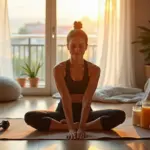 Человек выполняет легкую растяжку дома, окружённый спортивным инвентарём и полезной едой