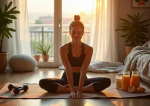 Человек выполняет легкую растяжку дома, окружённый спортивным инвентарём и полезной едой